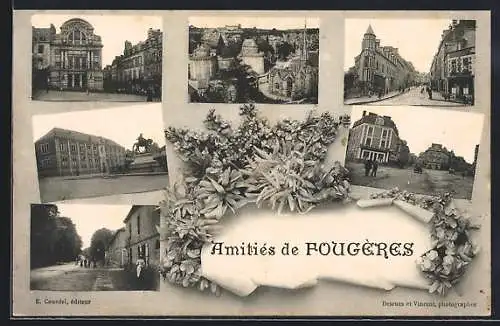 AK Fougères, Collage de vues urbaines avec Amitiés de Fougères