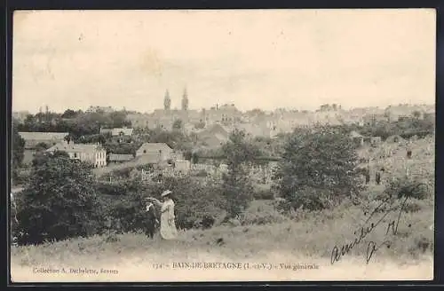 AK Bain-de-Bretagne, Vue générale sur la ville avec une femme et un enfant au premier plan