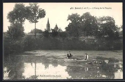 AK Janzé, L`Étang de la Placette avec barque et vue sur l`église