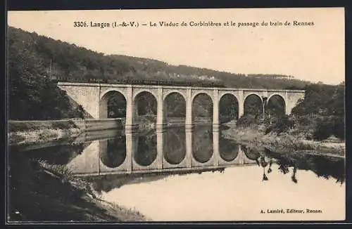 AK Langon, Viaduc de Corbinières et passage du train de Rennes