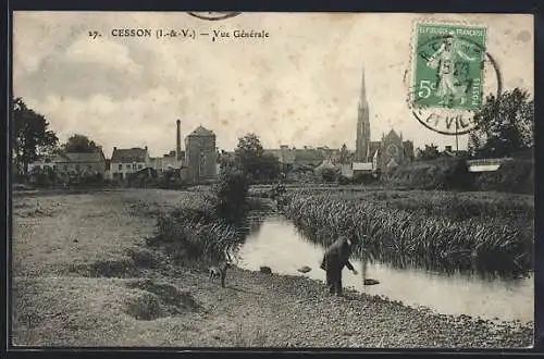 AK Cesson, Vue générale de la ville avec rivière et église en arrière-plan