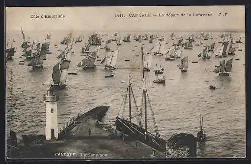 AK Cancale, Le départ de la Caravane avec phare et bateaux à voile