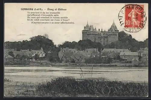 AK Combourg, Étang et Château avec poème de Chateaubriand