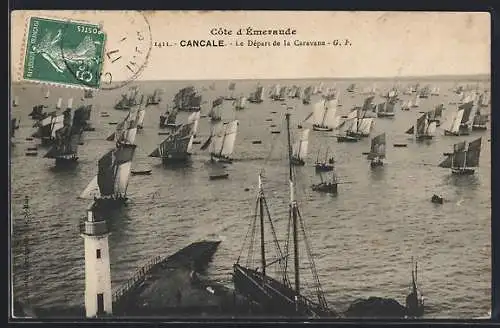 AK Cancale, Le Départ de la Caravane avec phare et voiliers sur la Côte d`Émeraude