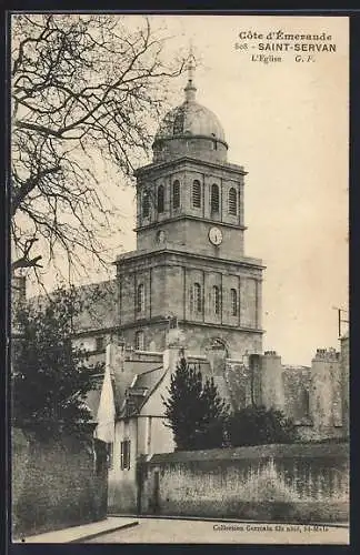 AK Saint-Servan, L`église vue de la rue avec arbres en hiver