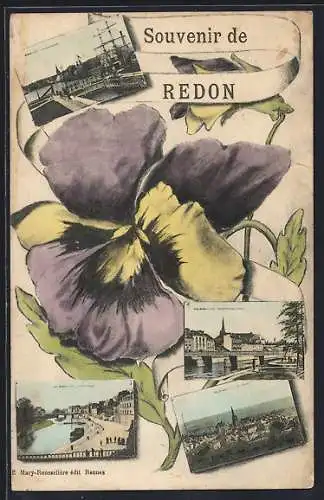 AK Redon, Souvenir avec fleurs et vues de la ville