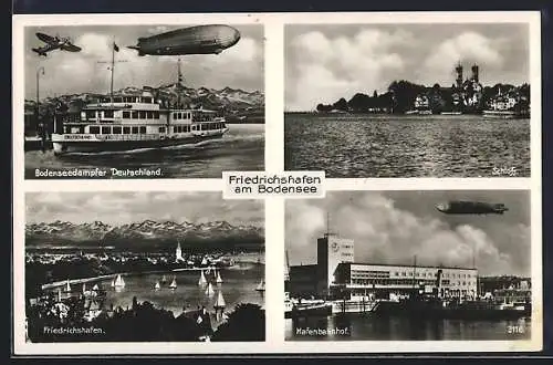 AK Friedrichshafen /Bodensee, Bodenseedampfer Deutschland, Zeppelin, Schloss, Hafenbahnhof, Ortsansicht