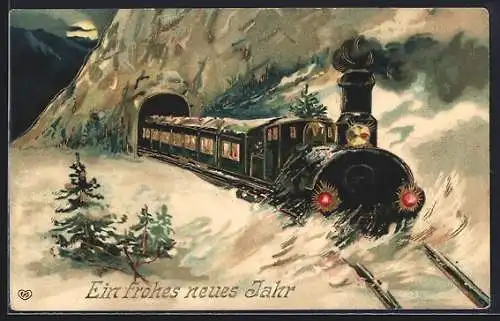 AK Viel Glück im neuen Jahre, Eisenbahn auf winterlicher Bergfahrt