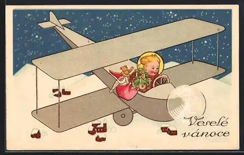 AK Weihnachtsengel bringt Geschenke mit dem Flugzeug, Teddy