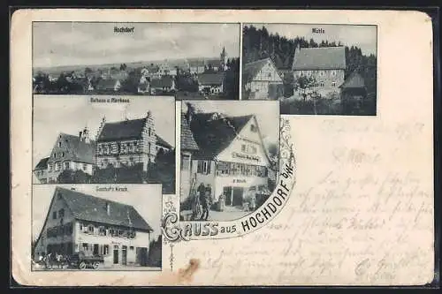AK Hochdorf / Waiblingen, Rathaus, Gasthof z. Hirsch und Mühle