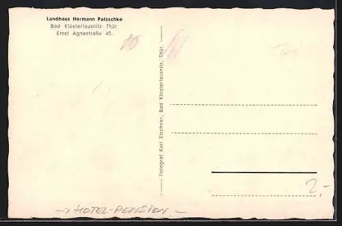 AK Bad Klosterlausnitz /Thür., Hotel-Pension Landhaus Herm. Patzschke, Ernst Agnesstrasse 40