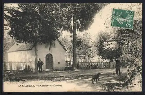 AK Combressol, La chapelle entourée d`arbres et promeneurs