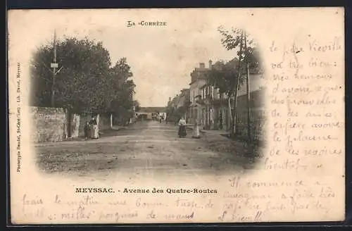 AK Meyssac, Avenue des Quatre-Routes animée avec passants et arbres alignés