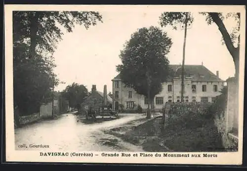 AK Davignac, Grande Rue et Place du Monument aux Morts