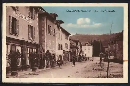 AK Laguenne, La Rue Nationale avec restaurant et passants