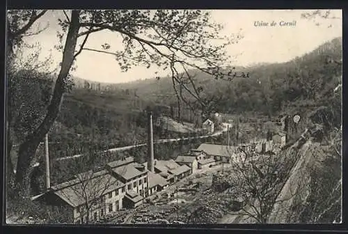 AK Cornil, Usine au bord de la rivière et paysage vallonné