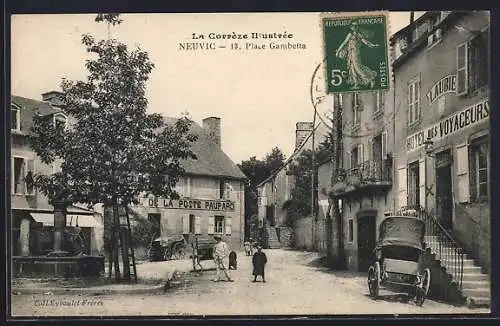 AK Neuvic, Place Gambetta animée avec chariot et hôtel des voyageurs