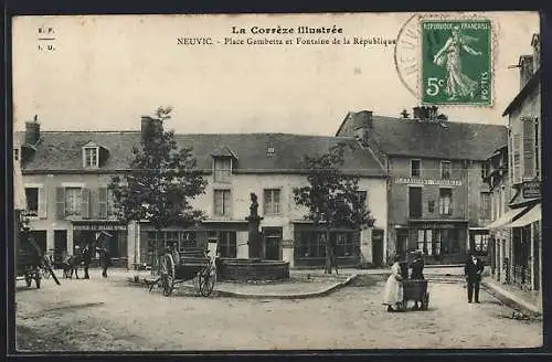 AK Neuvic, Place Gambetta et Fontaine de la République