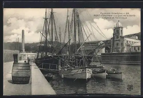 AK Port-Vendres, Le Quai de la Santé avec église et obélisque