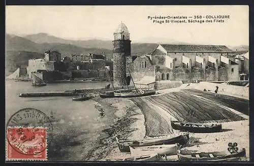 AK Collioure, Plage St-Vincent, Séchage des Filets