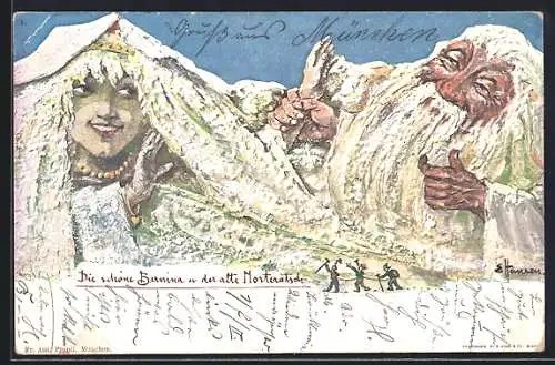 Künstler-AK sign. E. Hansen / Emil Nolte: Die schöne Bernina und der alte Morteratsch, Berg mit Gesicht / Berggesichter