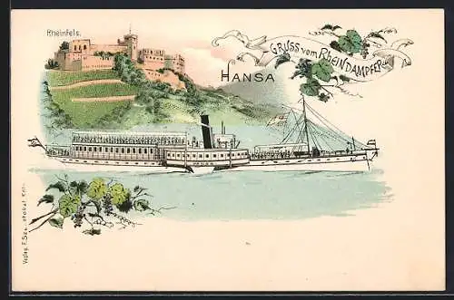 Lithographie Rheindampfer Hansa passiert Burg Rheinfels