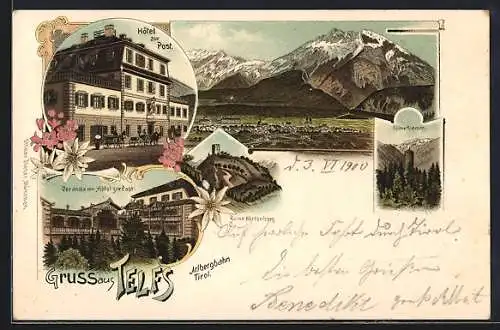 Lithographie Telfs, Hotel zur Post, Veranda, Ruine Klamm, Ortsansicht