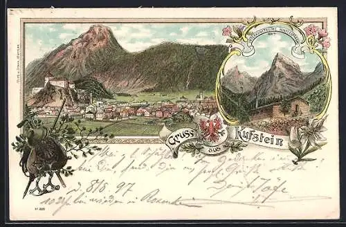 Lithographie Kufstein, Totalansicht mit Unterkunfthütte