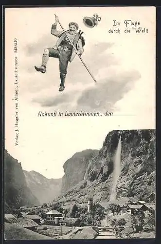 AK Lauterbrunnen, Fliegender Mann über der Ortschaft