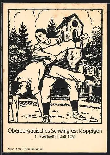 Künstler-AK Koppigen, Oberaargauisches Schwingfest 1928, Zwei Männer beim Kampf