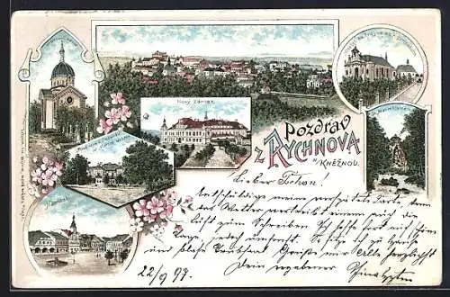 Lithographie Rychnov n. K., Kostel sv. Trojice, gymnasium, Nový zámek, Námestí