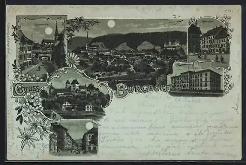 Mondschein-Lithographie Burgdorf, Metzgergasse, Hohengasse, Technikum, Schloss