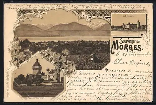 Lithographie Morges, Totalansicht mit Alpen, l`Arsenal, Chateau de Vufflens