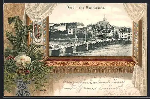 Passepartout-Lithographie Basel, Alte Rheinbrücke, Blick aus einem Fenster