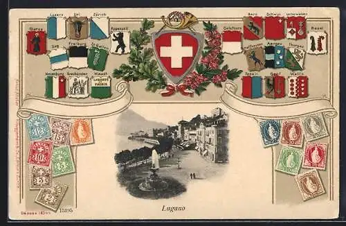 Passepartout-Lithographie Lugano, Strassenpartie am Seeufer, Wappen der Kantone, Briefmarken