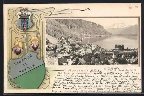 Passepartout-Lithographie Montreux, Ortsansicht mit Dent du Midi und Wappen