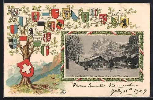 Passepartout-Lithographie Grindelwald, Berner Bauernhaus mit Wetterhorn, Eiche mit Wappen der Kantone