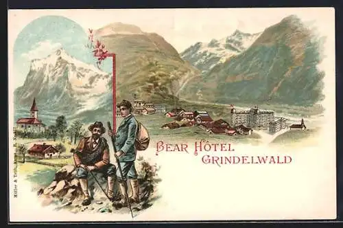 Lithographie Grindelwald, Bear Hotel, Wanderer vor Alpenpanorama