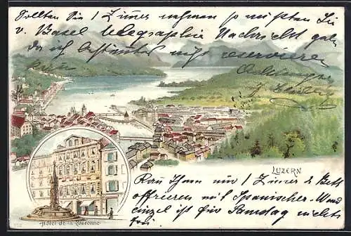 Lithographie Luzern, Hotel de la Couronne, Ortsansicht aus der Vogelschau mit Blick ins Land