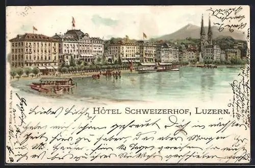 Lithographie Luzern, Hotel Schweizerhof mit Salondampfer