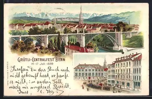 Lithographie Bern, Bahnhof, Ortsansicht mit Brücke