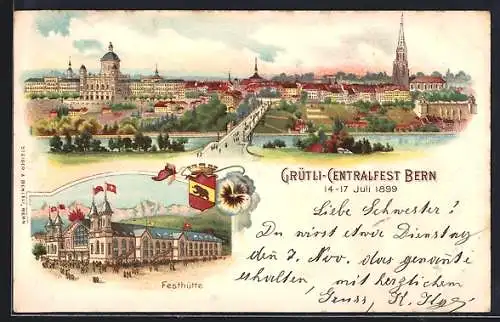 Lithographie Bern, Grütli-Centralfest 1899, Festhütte, Wappen, Ortsansicht