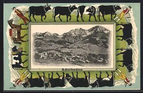 Passepartout-Lithographie Adelboden, Ortsansicht gegen die Berge, Senner beim Viehtrieb