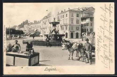 AK Lugano, Platz mit Brunnen, Verkaufsstand und Fuhrwerk