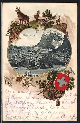 Passepartout-Lithographie Grindelwald, Blick auf den Ort und ins Land, Gemsen