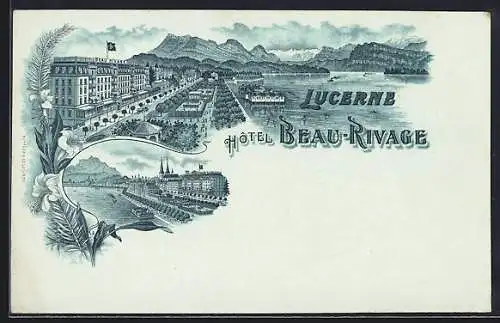 Mondschein-Lithographie Lucerne, Hotel Beau-Rivage, See und Berge