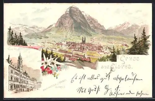 Lithographie Glarus, Panorama, Neue Post, Kutsche