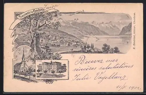 Lithographie Chexbres, College, Kirche, Ortsansicht mit See und Gebirge