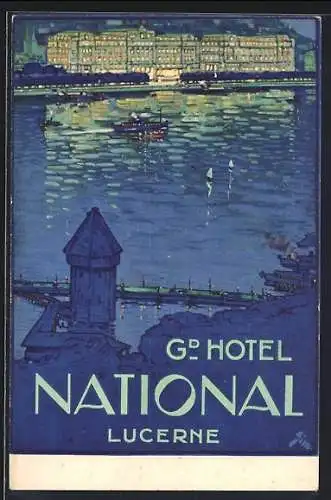 Künstler-AK Lucerne, Grand Hotel National bei Nacht