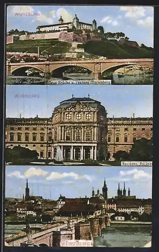 AK Würzburg, Residenz Rückseite, Neue Brücke und Festung Marienberg